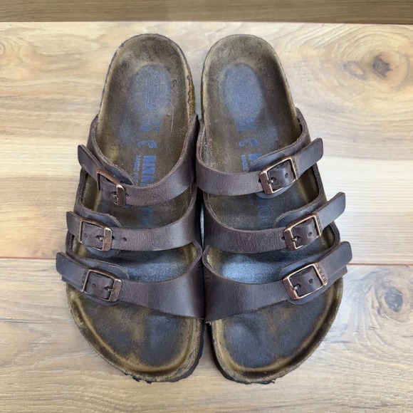 Birkenstock Florida Three Strap Sandals 6 W EU 37 Soft Footbed Brown Leather - Picture 5 of 10
